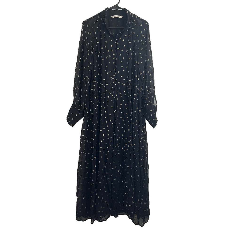 Zara Black Gold Polka Dot Long Sleeve Maxi Dress with Sheer Sleeves